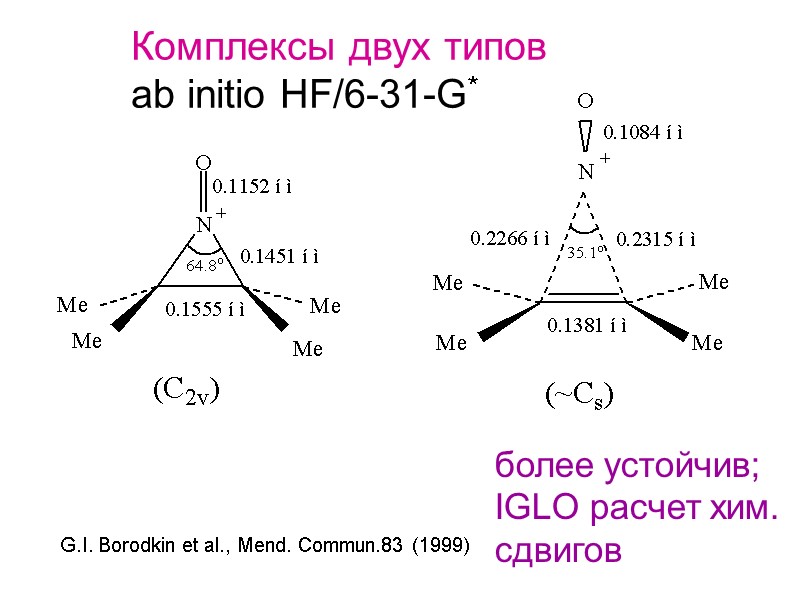 Комплексы двух типов ab initio HF/6-31-G* более устойчив; IGLO расчет хим. сдвигов G.I. Borodkin